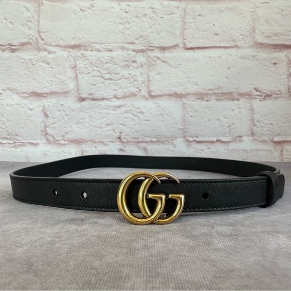 Authentic Gucci Marmont Double GG Black Slim 409417 Leather Belt 80/32